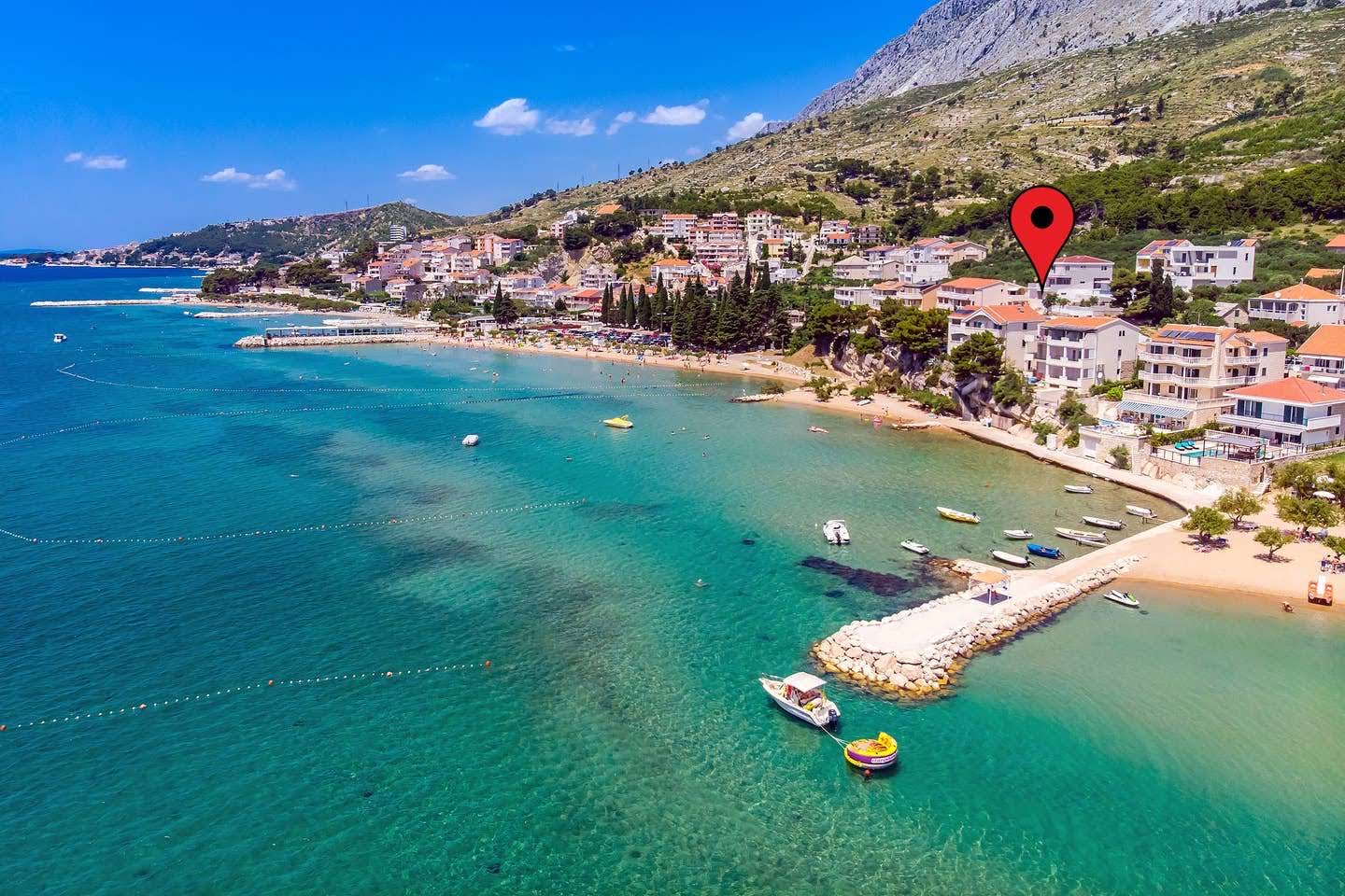 Aerial view of the bay and beach near the villa